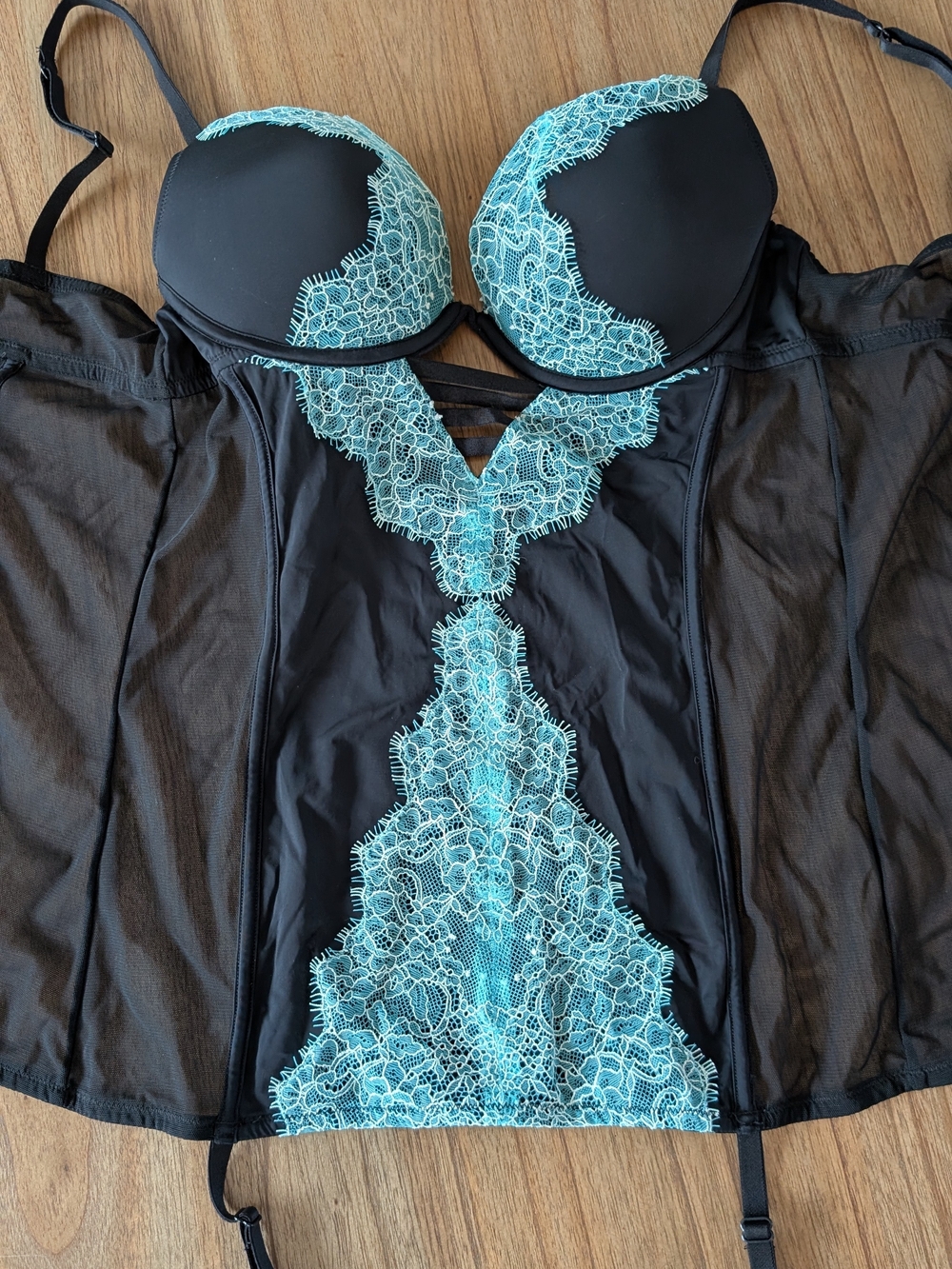 La SENZA Pushup Black Bustier with Aqua Lace Accents and Garters